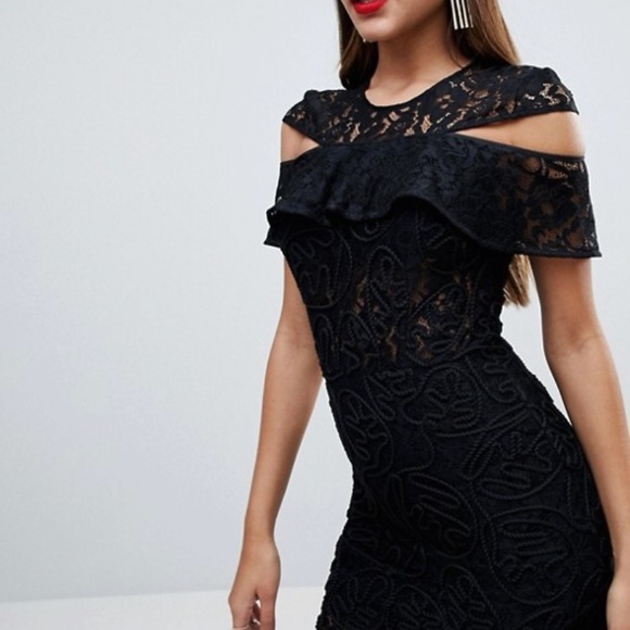 cold shoulder asymmetric lace bodycon midi dress - Picture 3 of 4